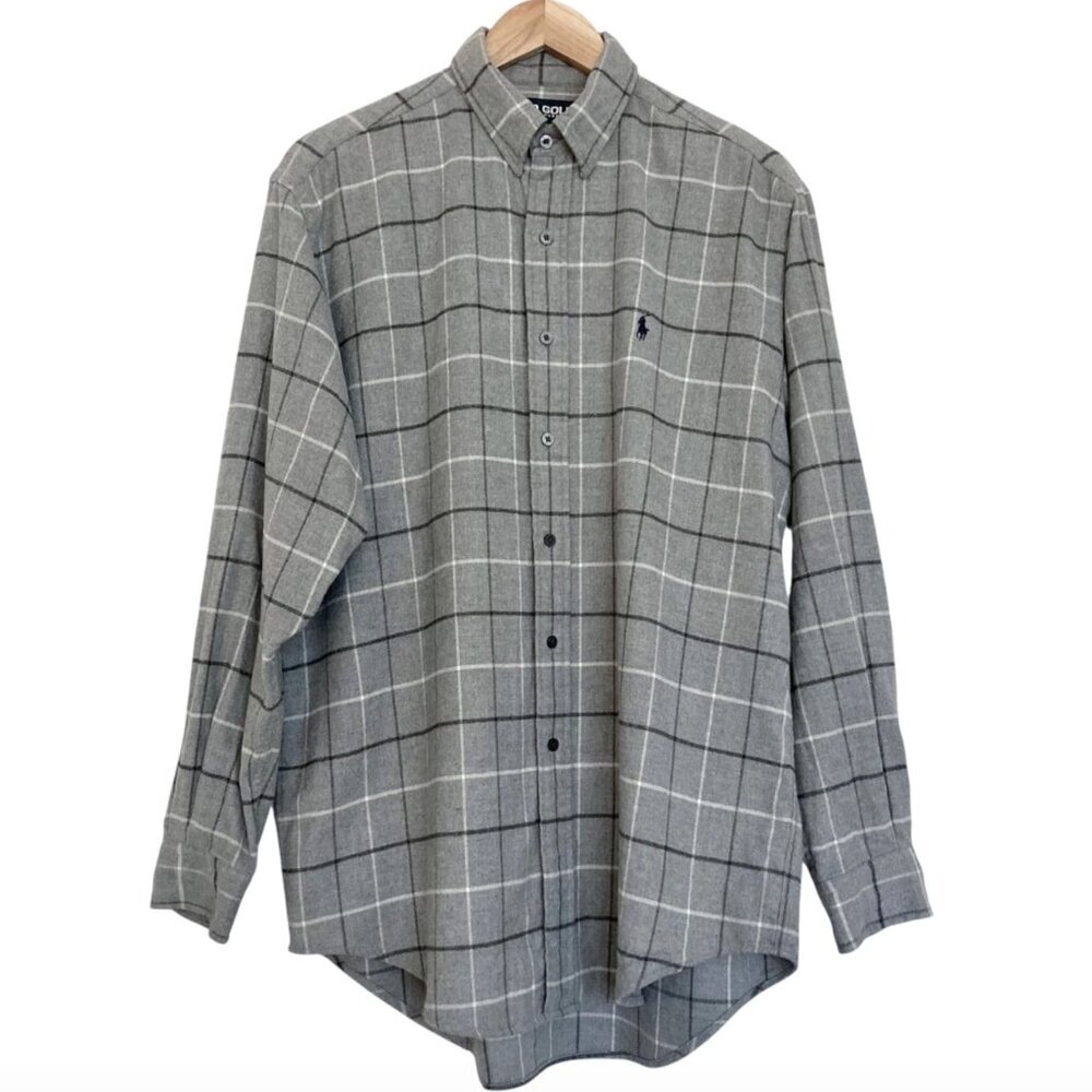 POLO GOLF RALPH LAUREN Lofting Flannel Plaid Button Down Shirt M Gray